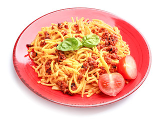 Plate with tasty pasta bolognese on white background