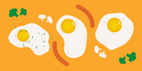 Scrambled eggs. A set of three eggs of different shapes. Eggs on an orange background. Isolated image. Food for breakfast. Flat style. Vector