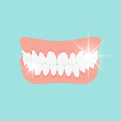 The human jaw. Mouth cavity close to natural. White teeth, upper and lower jaws. The perfect oral cavity. Teeth. Dentist concept. Dentistry medicine. Isolated image on blue background. Flat style. 