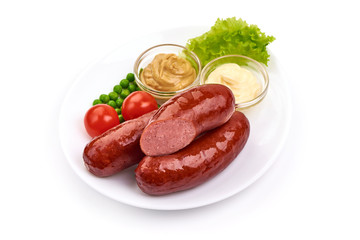 Homemade smoked sausage, isolated on white background