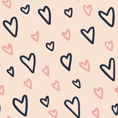 Sketchy hand-drawn hearts seamless pattern different sizes on pink background - for wallpaper, paper, fabric, textile design