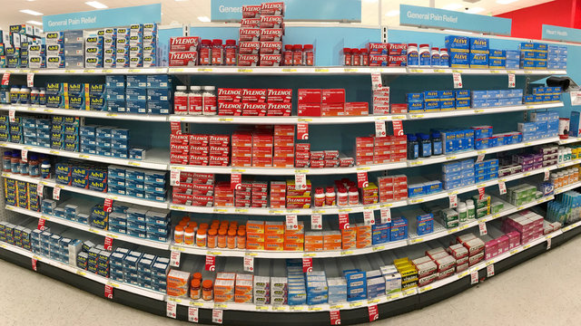 Alameda, CA - October 16, 2017: Store Shelf With Over The Counter (OTC) Pain Relief Products. The Most Common Types Of OTC Pain Medicines Are Acetaminophen And Nonsteroidal Anti-inflammatory