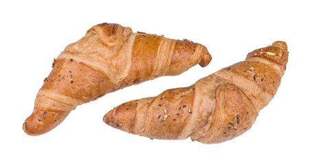 Two crispy baked butter croissants isolated on white background. Close-up of yummy bakery products sprinkled with grated cheese. Salty crescent shaped pastries made from layered yeast-leavened dough.