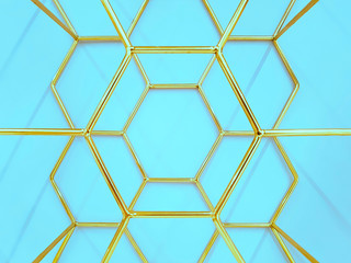 Geometric pattern of hexagons made of metal in gold color on a blue background. Concept background, abstraction
