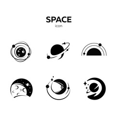 Set of space emblems, space logo, planet logo, flying rocket, astronaut helmet on a white background in black and white. For website, mobile application, technology, science. Vector illustration © RomchikDL