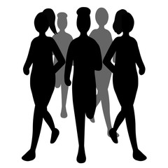 Silhouettes of running people. Vector illustration. Women and men run to keep fit. Flat characters isolated on a white background.