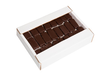 Chocolate marmalade in a white box isolated on a white background.