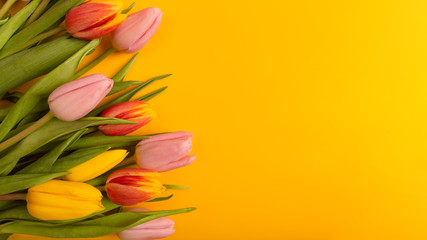 Banner with a bouquet of tulips on an yellow background. Flat lay, top view with copyspace. International Women's Day, spring concept.