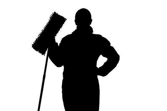 recommend clip art: Black silhouette of a man cleaner with a mop on a white background, isolate. The concept of cleaning the house, office.