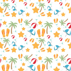Summer putter. Colorful pattern for textile or background. Summer holiday concept on the beach, palms, slippers, balls and cocktails. Vector