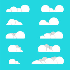 Group of Cloud Icons in flat design style isolated on blue background, cartoon style. Vector