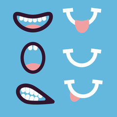 Funny variety of mouths. Cartoon mouths with teeth, tongue. A set of different emotions. Flat style. Vector