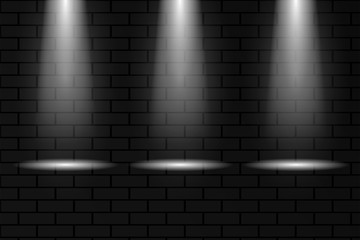 Scene or poster lighting. spotlight. Highlighting. Three spotlights on a brick wall background. Soft light. Vector