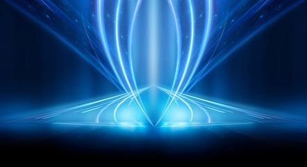 Dark background with lines and spotlights, neon light, night view. Abstract blue background. Blue dark empty scene.
