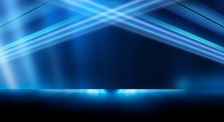 Dark background with lines and spotlights, neon light, night view. Abstract blue background. Blue dark empty scene.