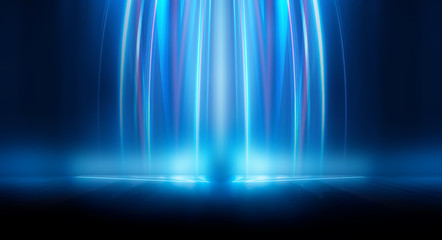 Dark background with lines and spotlights, neon light, night view. Abstract blue background. Blue dark empty scene.