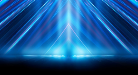 Dark background with lines and spotlights, neon light, night view. Abstract blue background. Blue dark empty scene.