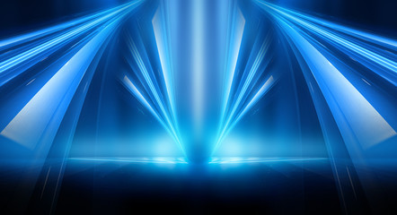 Dark background with lines and spotlights, neon light, night view. Abstract blue background. Blue dark empty scene.