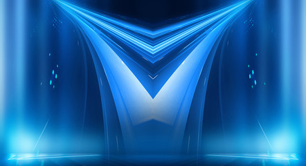 Dark background with lines and spotlights, neon light, night view. Abstract blue background. Blue dark empty scene.