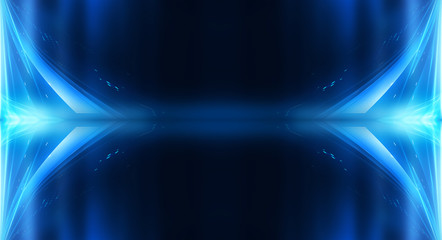 Dark background with lines and spotlights, neon light, night view. Abstract blue background. Blue dark empty scene.