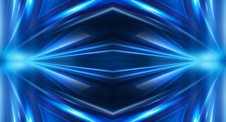 Dark background with lines and spotlights, neon light, night view. Abstract blue background. Blue dark empty scene.