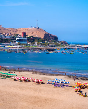 Umbrellas at Agua dulce Beach, in Lima, Peru.