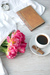 Floral's background. Floral bouquet made of tulips on white background. Flat lay, top view. Woman day, mother day background.