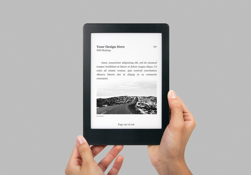 Hands Holding E-Reader with E-Reader in the Background Mockup 
