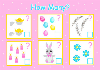 How many games for counting, Easter elements for children, educational mathematical tasks for the development of logical thinking, preschool worksheet, count and write down the result, vector