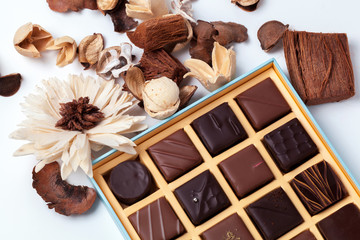 Natural chocolate candies in a beautiful cardboard box.