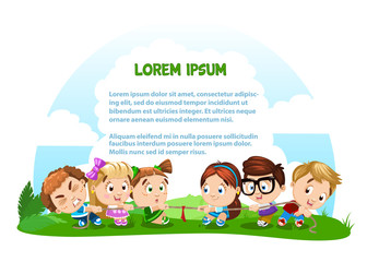 Children pulling rope, playing Tug or war on nature background, landscape.