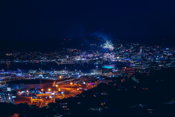 Wellington cityscape and fireworks; Wellington water front New Year celebration