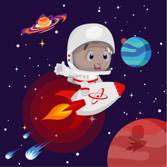 Fototapeta premium Little boy in spacesuit flying on spaceship in cosmos. Concept of kid`s projects start up, beginning.