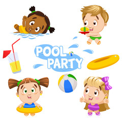 Kids swimming, playing with ball, water pistol, inflatable ring, laughing, drinking juices. Pool party.