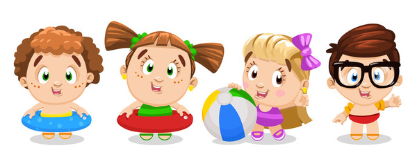 Kids laughing, waving hands, stand in line with swimming outfits: inflatable rings, ball.