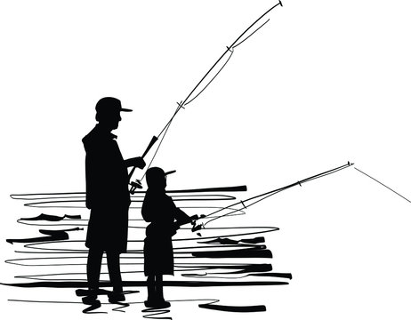 silhouette of the father and son fisherman