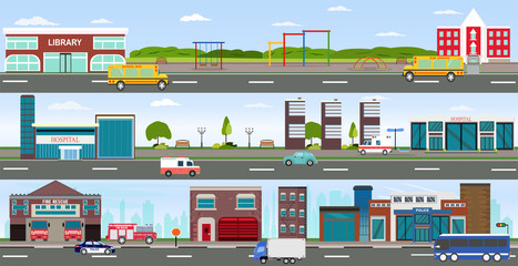 Vector of urban cityscape and rural area with modern buildings, skyscrapers, houses, hospital, fire department, police station, school, library and passing by cars and buses.