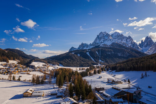 Monte Elmo, Dolomites, Italy - Mountain skiing and snowboarding. Sexten (Sesto), Trentino-Alto Adige, Puster Valley (Alta Pusteria), South Tyrol. Aerial drone shot, january 2020