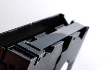  VHS video cassette closeup magnetic tape on a white background. isolated on white background