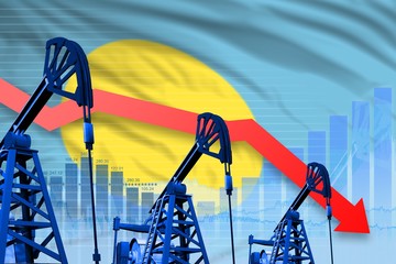 lowering, falling graph on Palau flag background - industrial illustration of Palau oil industry or market concept. 3D Illustration