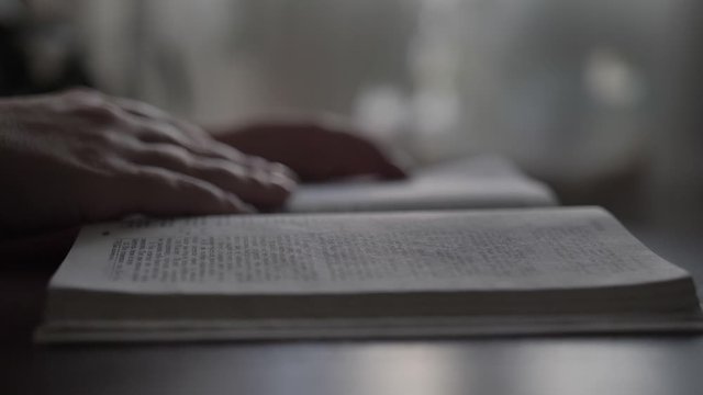 woman reads a book, turns over the pages, copy space