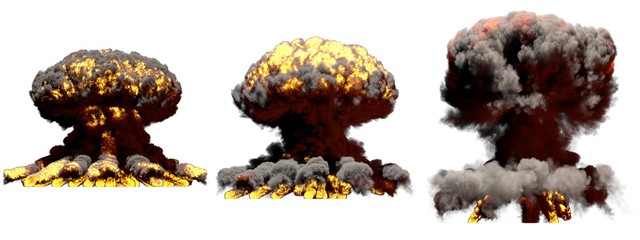 3D illustration of explosion - 3 huge different phases fire mushroom cloud explosion of hydrogen bomb with smoke and flame isolated on white
