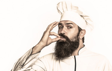 Bearded male chefs isolated on white, perfect. Chef, cook making tasty delicious gesture by kissing fingers. Cook hat. Bearded chef, cooks or baker