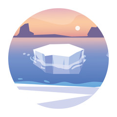 iceberg floating in blue ocean with sun in the sky
