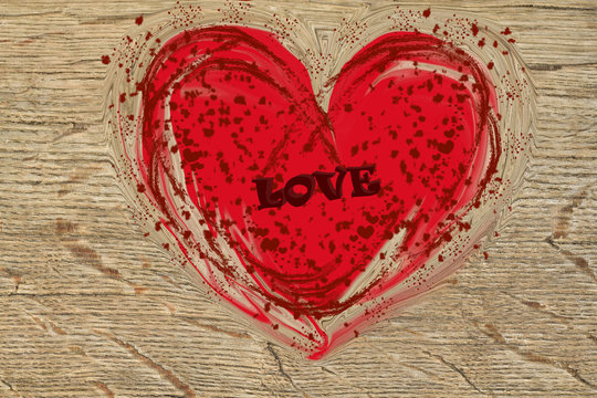 rotes Liebes Herz 3D mit Farbspritzern, auf Holz gemalt