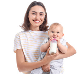 Mother feeding baby with milk from bottle on white background