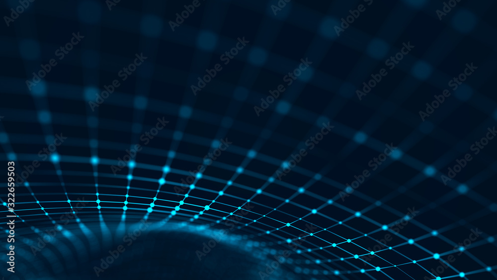 Poster Futuristic abstract mesh. Wave with the connection of luminous points and lines. 3D rendering.