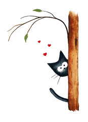 Cute curious kitten hiding behind a tree. Funny black kitten in love. Valentine's Day. Watercolor painting. Hand drawn illustration