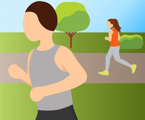 Silhouettes of running people. Vector illustration. A woman and a man run to keep fit. People run in nature, in the Park. Flat characters isolated on a white background.