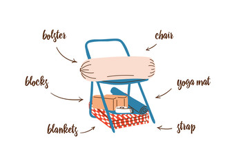 Yoga props in trendy retro style. Set of yoga stuff. © Анастасия Новикова